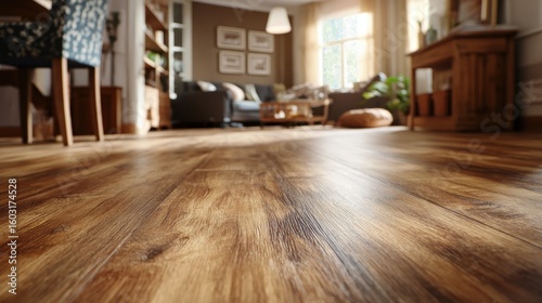 High-quality photo of low angle shot focuses on luxury vinyl plank flooring inside home. Floor wood planks create warm, cozy ambiance in house interior. Laminate parquet design.