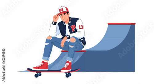 Stylish Skateboarder in Varsity Jacket Resting on Ramp, Contemplative Pose.