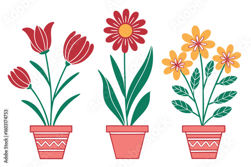 Wallpaper Mural Three potted flowers in coral pots with green stems and leaves Torontodigital.ca