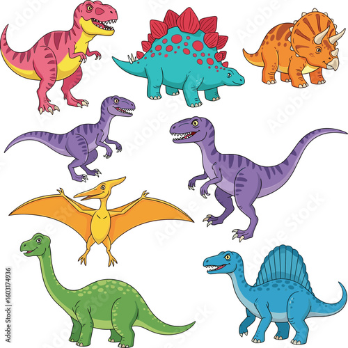 Cartoon dinosaur set with T-Rex, Stegosaurus, Triceratops, Velociraptor, Pteranodon, Brachiosaurus, Spinosaurus, colorful prehistoric animals, vector illustration