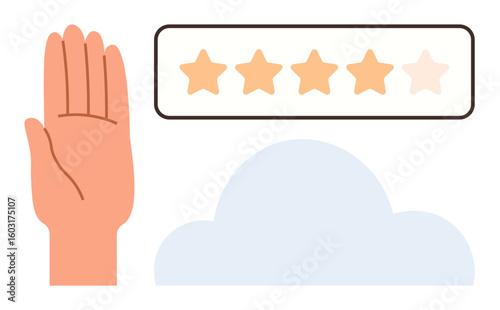 Raised hand next to five-star rating bar with four stars filled and cloud below. Ideal for feedback, review, quality rating, online evaluation, service ranking, user opinions, simple flat metaphor
