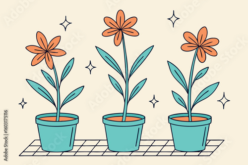 Three potted orange flowers with teal pots on a grid