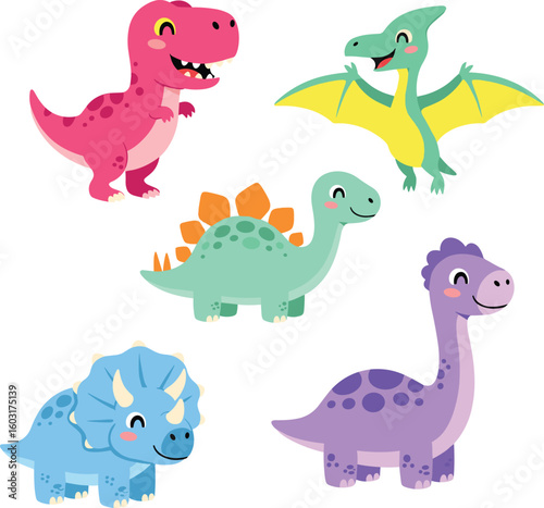 Cartoon dinosaurs set, smiling T-Rex, Pterodactyl, Stegosaurus, Triceratops, Brachiosaurus, colorful prehistoric animals, cute vector illustration, isolated characters
