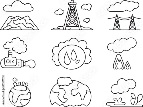 Dirty Energy Vector Icon Pack Fossil Fuel Extraction, Environmental Impact, Gas Plants, and Nonrenewable Resources