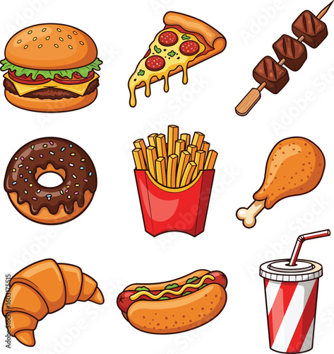 Cartoon fast food set with burger, pizza, fries, donut, hot dog, soda, croissant, grilled meat, fried chicken