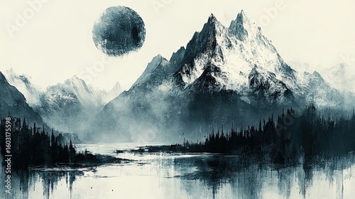 Primitive mountain journey drawn with expressive strokes, symbolic blots, and tribal markings.