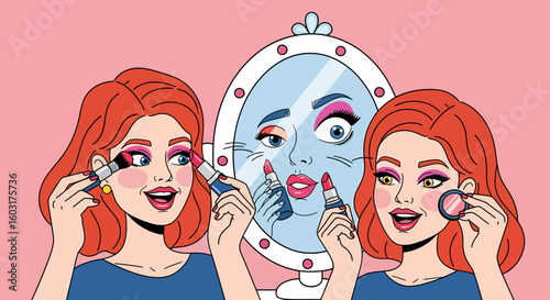 Two Women Applying Makeup in a Pop Art Style