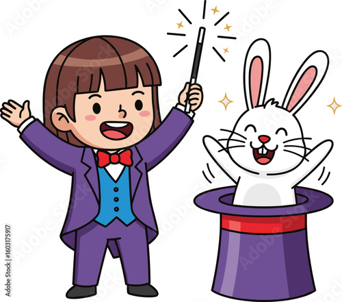 Cartoon magician in purple suit performing magic trick with wand and rabbit in hat, sparkles, joyful expression, vector illustration isolated
