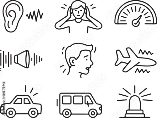 Hearing Impact and Noise Icons Loud Sounds, Hearing Damage, Stress, and Environmental Noise Sources