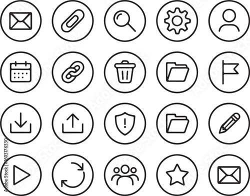 Collection of black outline icons on white background