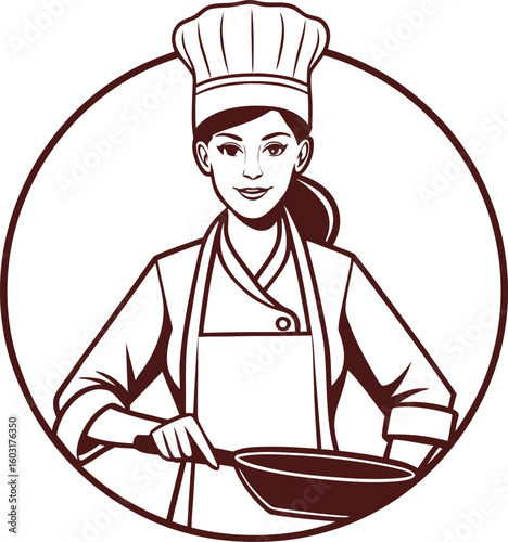 Woman chef in toque and apron holding frying pan in circular frame cooking kitchen