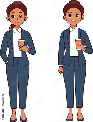 Two women in dark blue suits holding coffee cups with white shirts and brown hair
