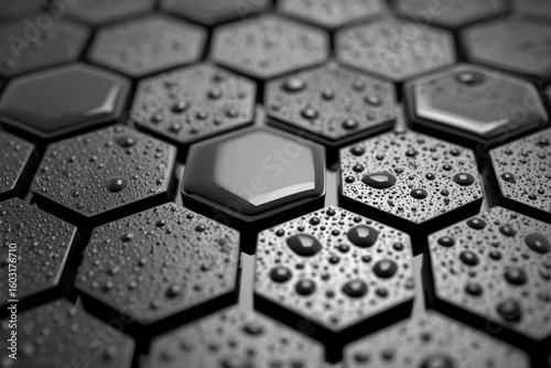 Rain droplets creating a repeating pattern on a textured surface during a damp afternoon