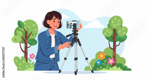 Woman Outdoors Using Smartphone Tripod for Video Recording