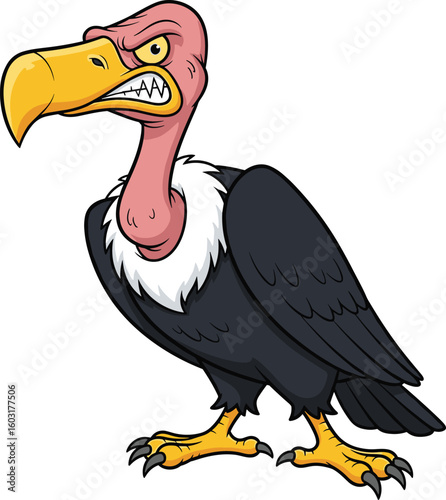 Cartoon vulture with yellow beak and pink bald head, black feathers, intense expression, anthropomorphic bird, vector illustration isolated