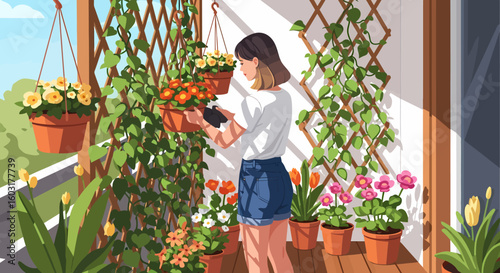 Woman tending to vibrant potted flowers on a sunlit balcony trellis