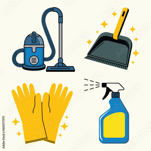 Collection of household cleaning supplies and tools