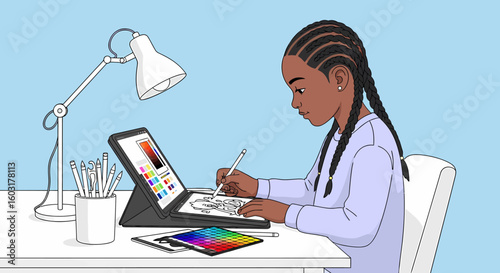Young Black Girl Digitally Drawing on Tablet with Stylus and Color Palette