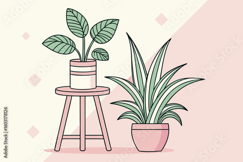 Two potted plants on a pink stool and floor indoor plants