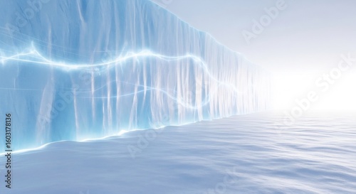 Abstract background of a massive ice wall in a frozen landscape. Glowing energy or light streams pulse through the ice, leading towards a bright mysterious light. Ideal for winter, fantasy, or sci-fi 