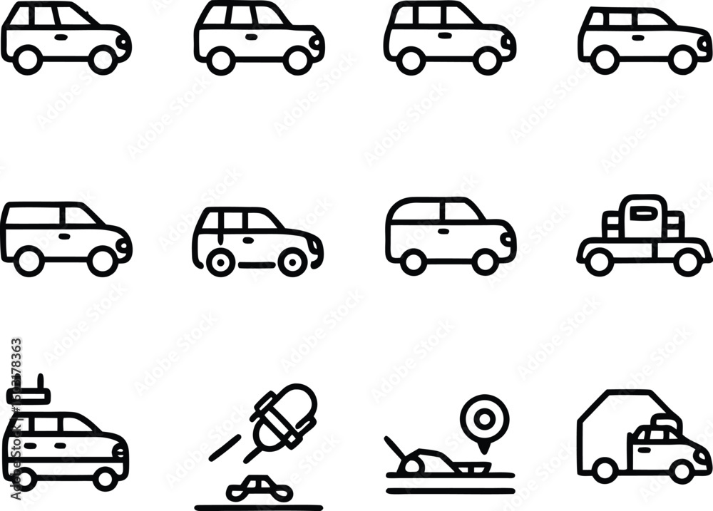 Fototapeta premium Bold Black Line Art Vehicle Icons: SUV, Truck, Van, and Car Graphics Set
