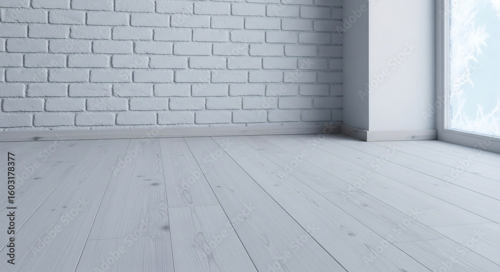 Fototapeta premium Interior background of an empty room corner in winter. Features a white painted brick wall, light wood flooring, and a large window with frost. Perfect for product mockup or display.