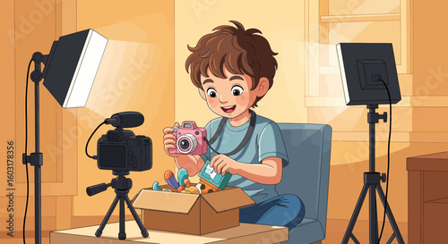 Young boy filming unboxing video with pink camera and studio lighting