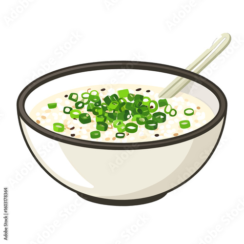 Pixelated Bowl Of Creamy Rice Porridge With Green Onions