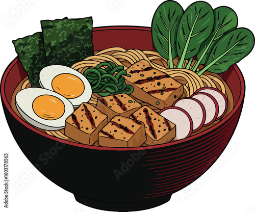 Japanese ramen bowl with tofu spinach boiled egg and seaweed healthy food illustration vector