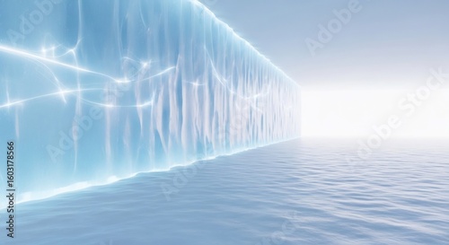 Abstract background of a giant ice wall with magical light flowing through it, beside a calm frozen sea. A bright portal or light source shines at the horizon. Winter fantasy concept.
