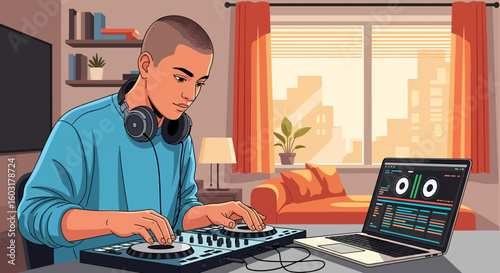 Young Man Concentratedly DJing at Home Studio