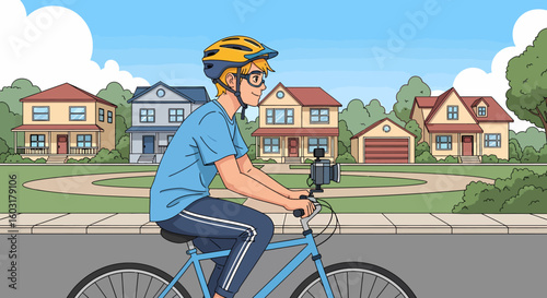 Young Man Vlogging While Cycling Through Suburbia