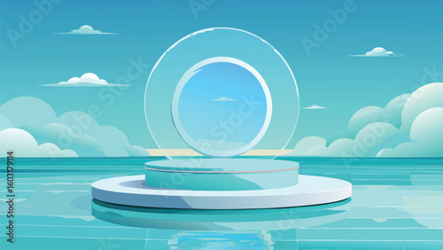 Minimalist platform with oval frame over tranquil ocean water