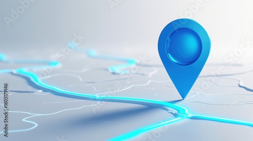 Blue location pin on a glowing map route