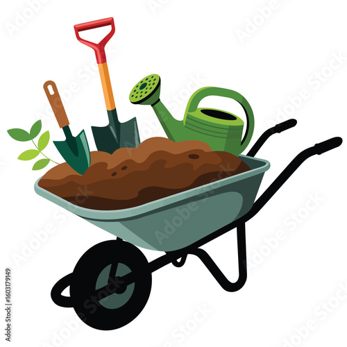 Gardening tools and soil in a wheelbarrow illustration