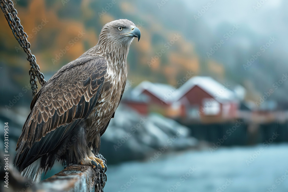 Fototapeta premium White-tailed eagle perching on metal beam in fishing village
