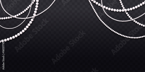 White pearl bead garlands hanging from top corners, decorative style, on a dark transparent checkered background, concept of luxury and elegance. Vector illustration