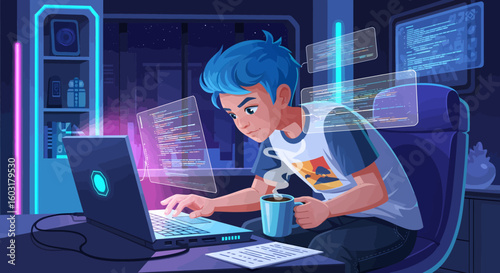 Young Programmer Focused on Coding with Laptop and Coffee in Neon Lit Room