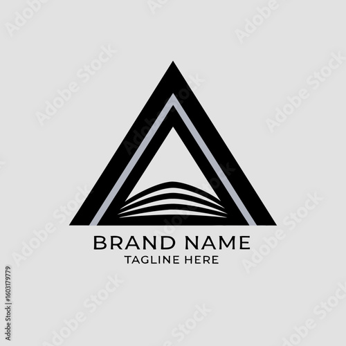 Abstract triangle logo with layered lines and text placeholders graphic