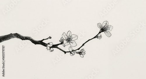 A delicate ink wash painting of a blossoming branch against a light cream colored background art piece