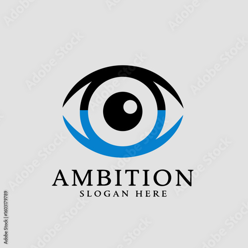 Black and blue eye logo with ambition text on white background vector