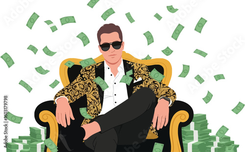 Man sits on a throne with money falling, wealth and success