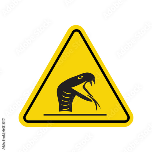 warning sign with black silhouette of striking snake on yellow triangular background