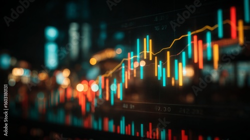 Digital financial graphs and line charts overlaid on a futuristic background, representing data analysis and business growth trends.