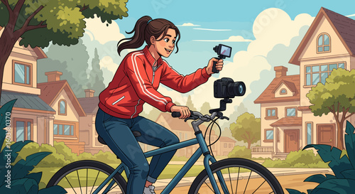 Young Woman Vlogging While Cycling Past Suburban Homes