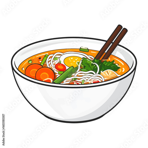 Colorful Pixel Art Illustration Of Noodles Soup In Bowl With Chopsticks