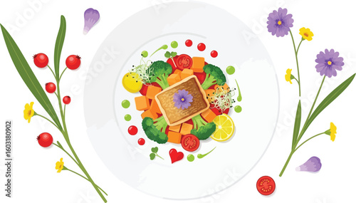 A beautifully arranged plate featuring a tofu dish with vegetables and floral decorations around it