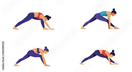 Yoga woman performing various stretches on a white background, set, forward bend pose 