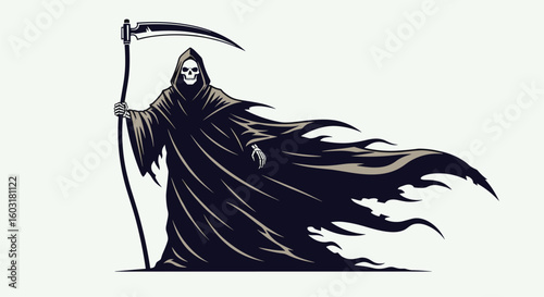 Pixel Art Grim Reaper Character with Scythe and Flowing Robes in a Dark Gothic Style for Gaming and Spooky Themes
