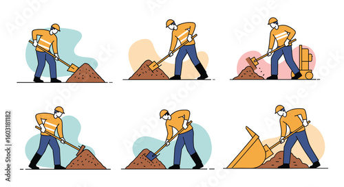 Construction worker in yellow safety vest and blue jeans shoveling dirt and earth on a work site
